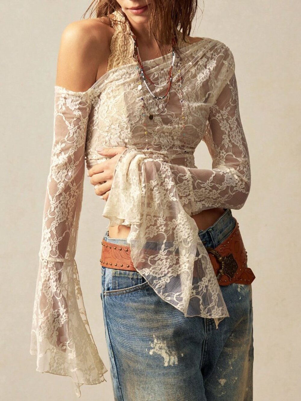 White Boho Casual Women's Knit Oblique Collar Flare Sleeve Cropped Top - Picture 2 of 8